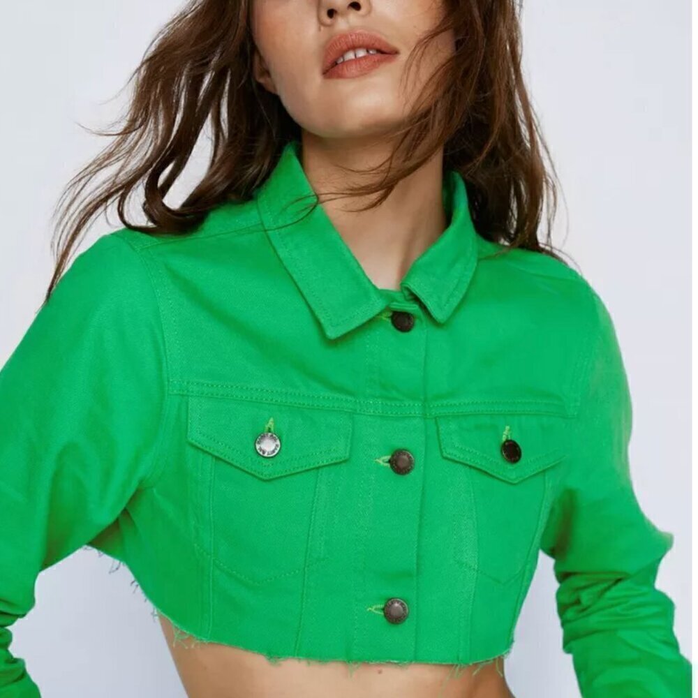 Nasty Gal Cropped Green Denim Trucker Jacket S